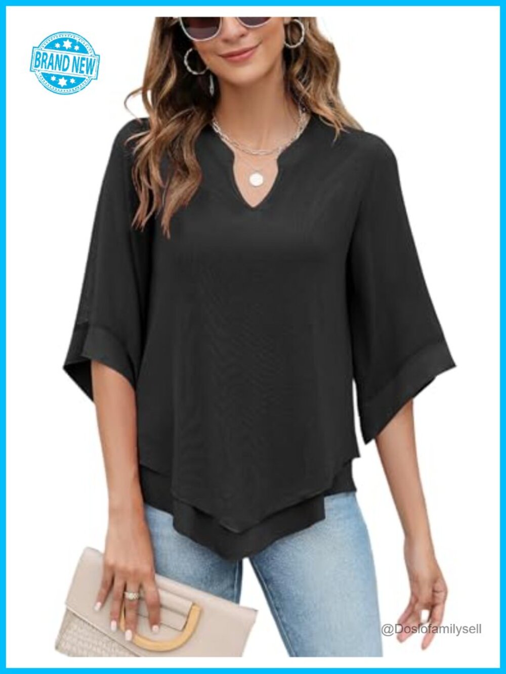 Womens 3/4 Bell Sleeve Chiffon Blouse V Neck Double Layer Flowy Tunic Top